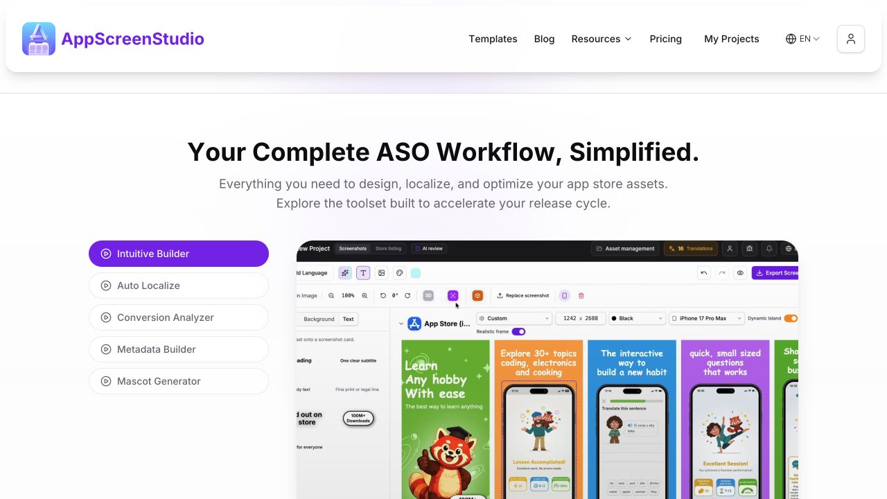 AppScreenStudio public product demo showing its Intuitive Builder interface