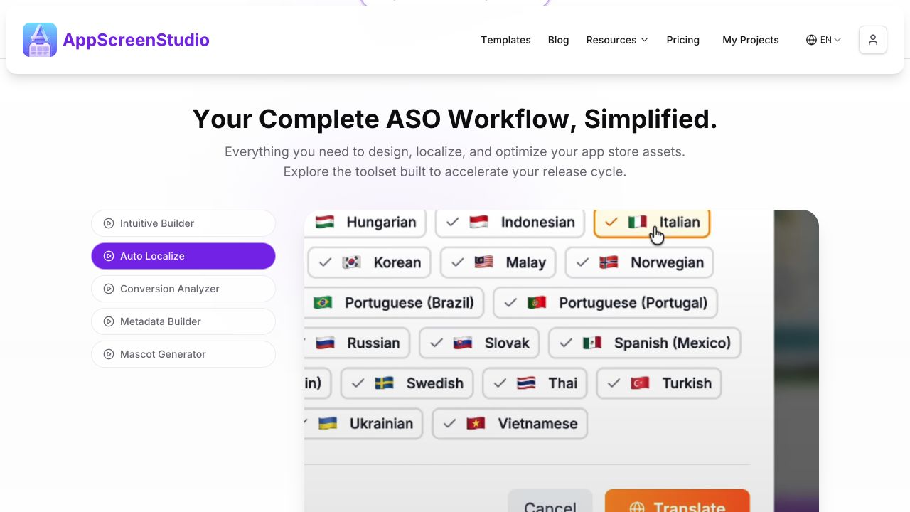 AppScreenStudio public product demo showing its Auto Localize language selection interface