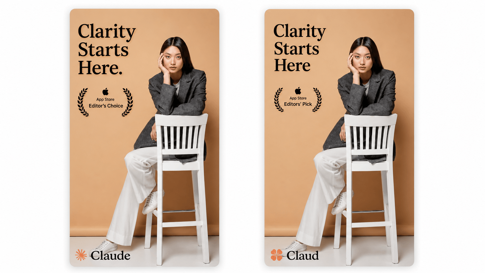Two AI-generated app store screenshot variants with changed brand text, award copy, and caption line breaks