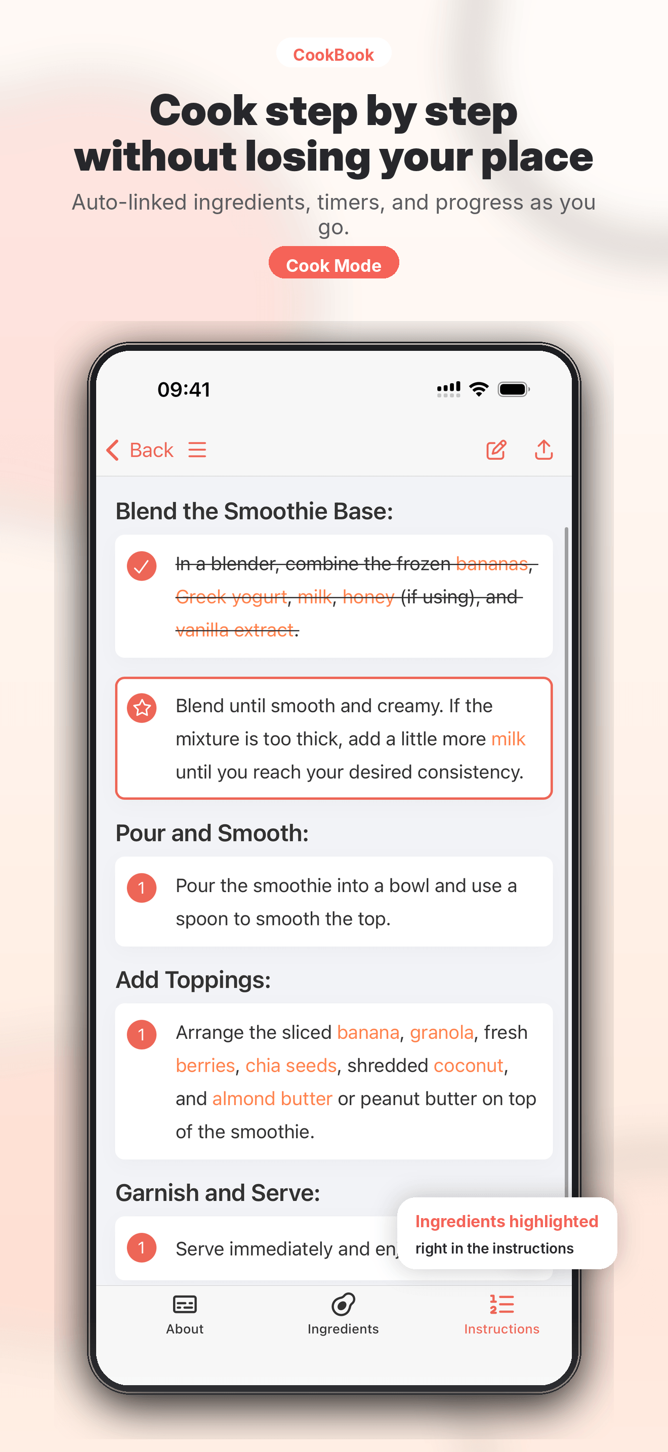 AI-generated app store screenshot concept for a recipe app cook mode with instructions highlighted in a phone mockup.