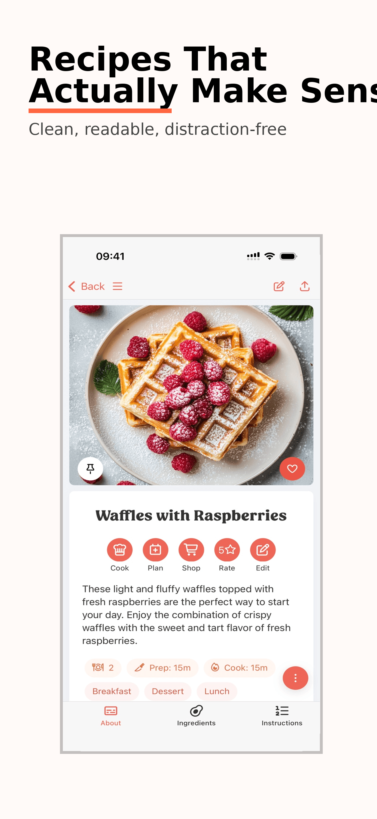 AI-generated app store screenshot concept with a recipe detail screen and headline cropped at the right edge.