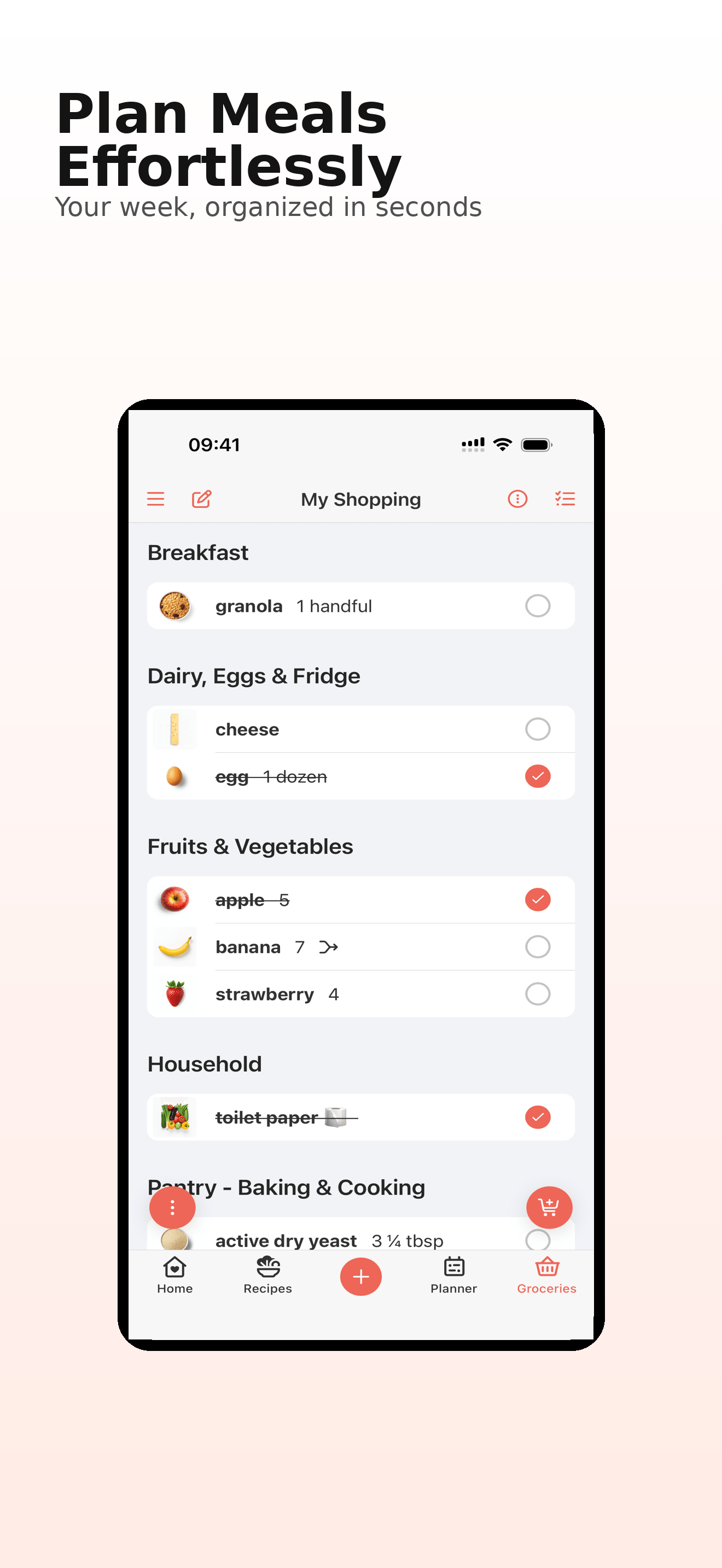 AI-generated app store screenshot concept for meal planning with a grocery list inside a phone mockup.