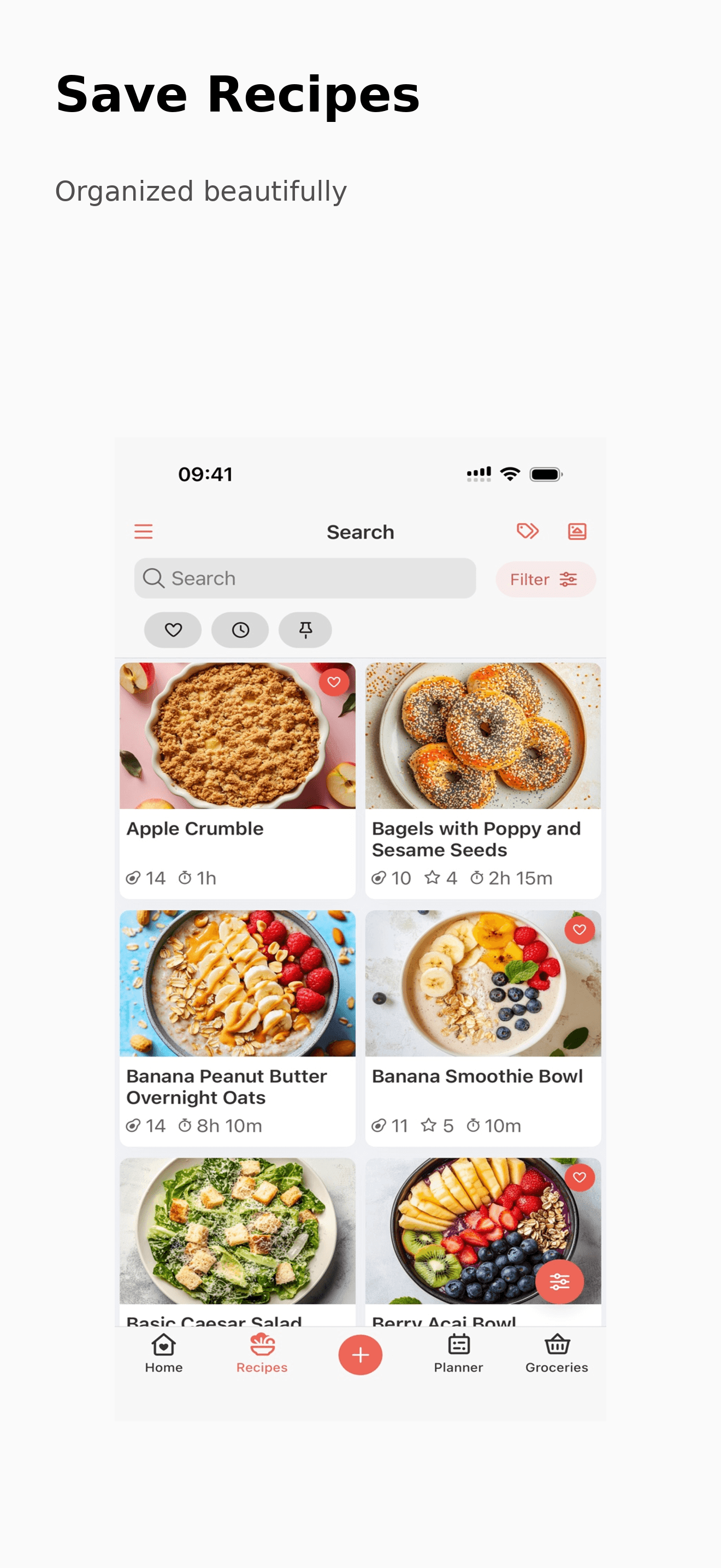 AI-generated app store screenshot concept for saved recipes with a recipe grid inside a phone mockup.