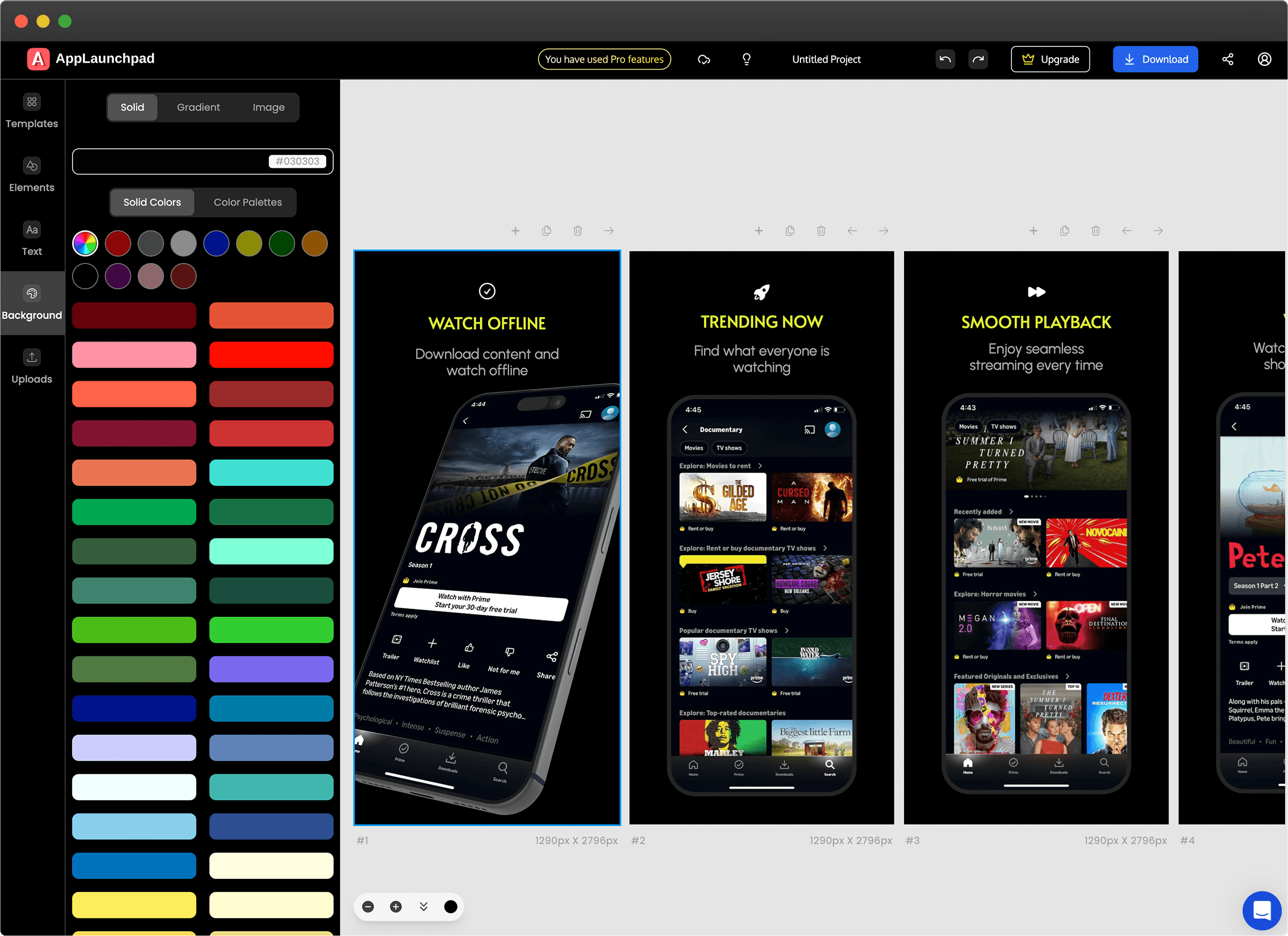 AppLaunchpad screenshot builder showing template-based app store screenshot editing controls