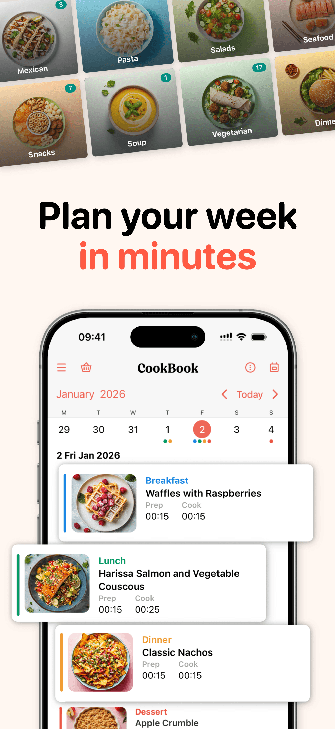 AppScreens output showing a meal planning screenshot with a calendar screen and layered meal cards.