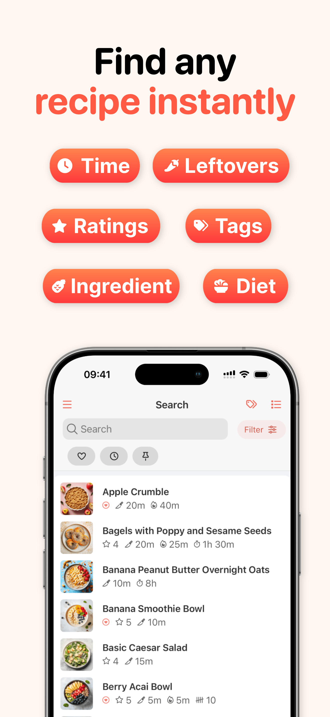 AppScreens output showing a recipe search screenshot with editable feature chips and a framed app screen.