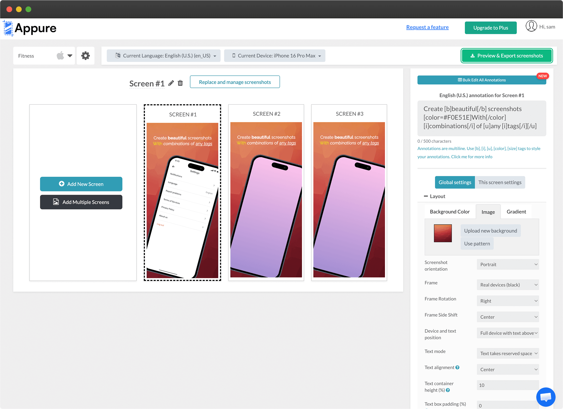 Appure screenshot editor showing localized app store screenshot controls and export settings