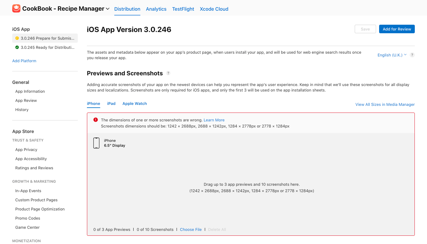 App Store Connect error saying the dimensions of one or more screenshots are wrong for the 6.5 inch display upload area