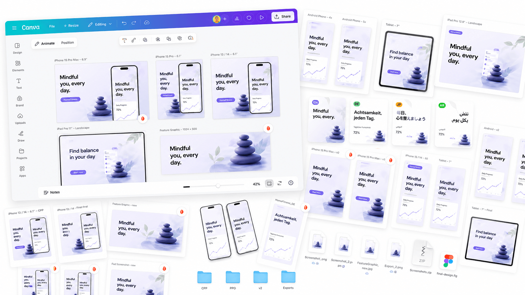 Canva alternative for app store screenshots showing scattered design files compared with one organized AppScreens screenshot production project.