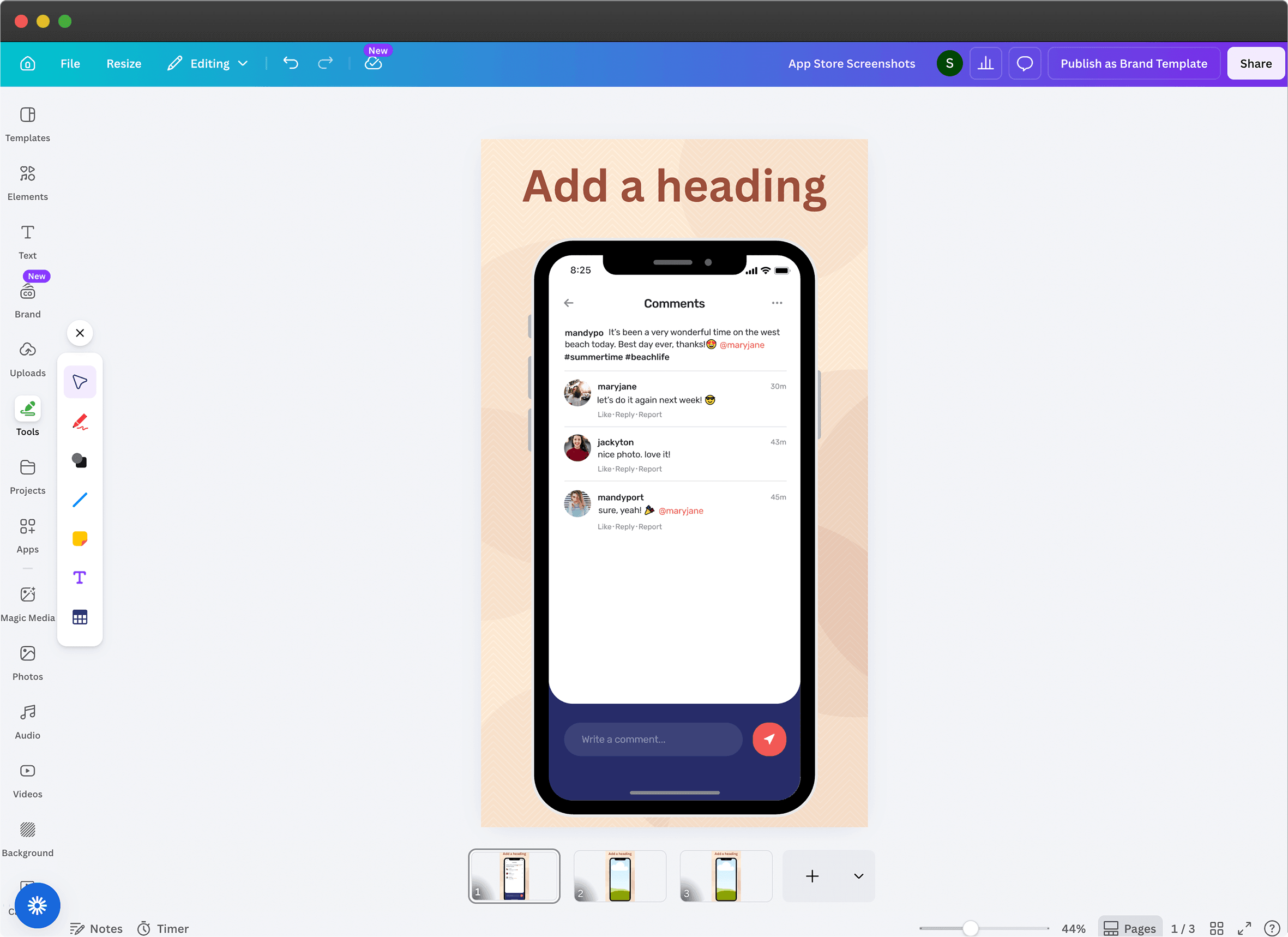Canva editor showing a manual app store screenshot design workflow