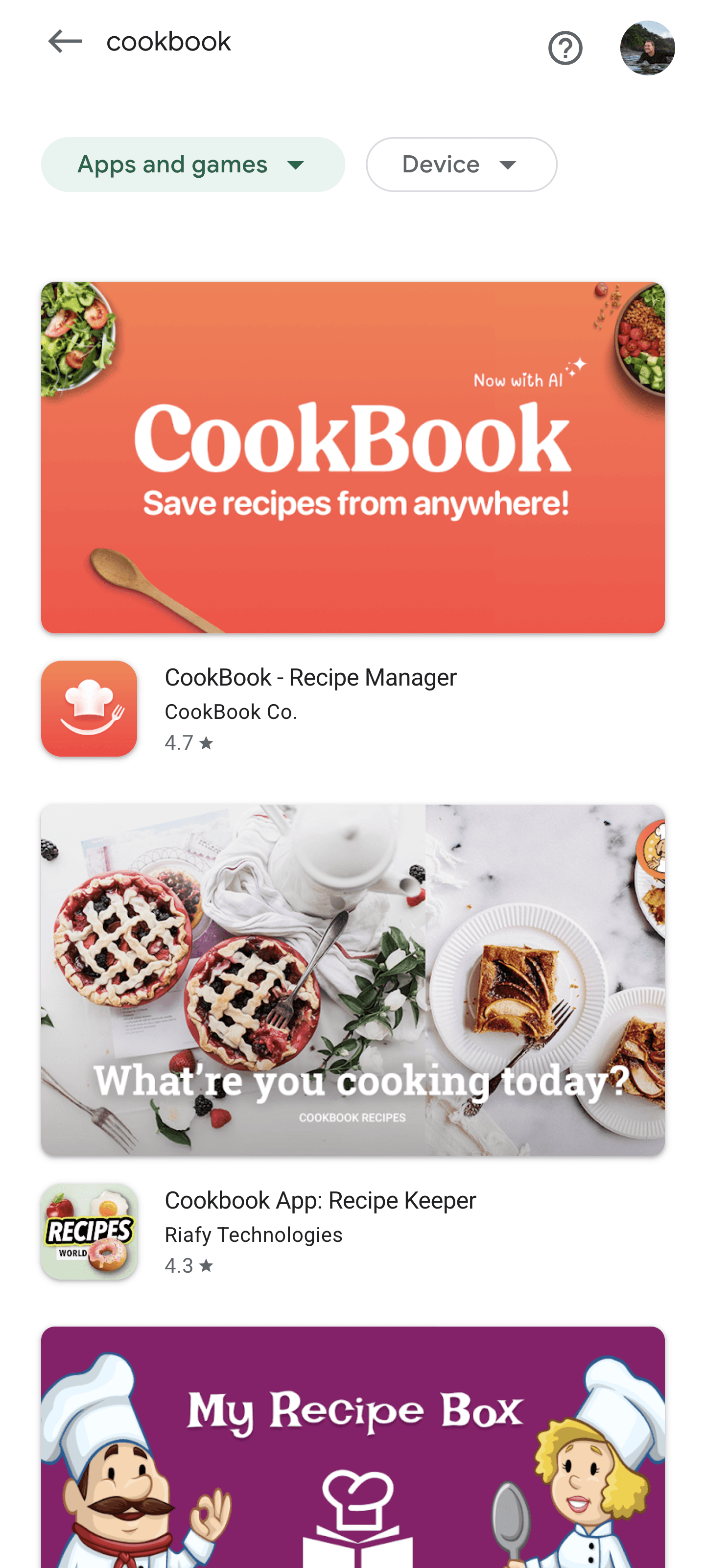 Google Play search results showing feature graphics for cookbook and recipe apps.