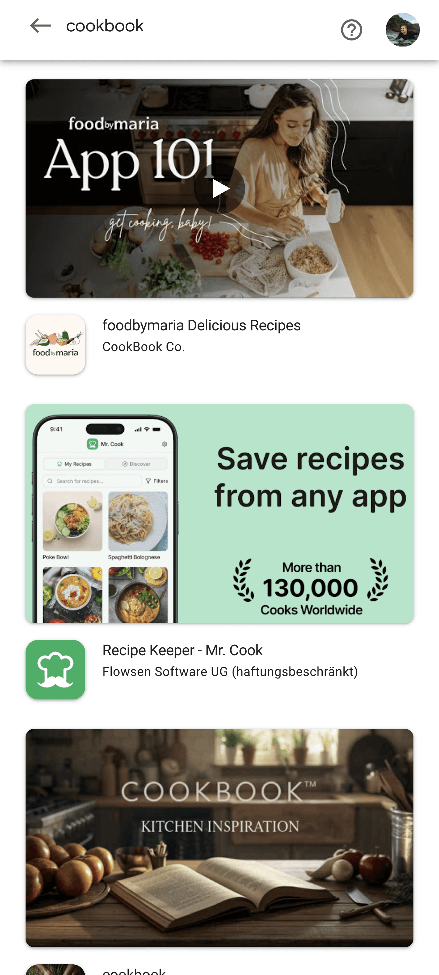 Google Play feature graphic used as a preview video cover in a cookbook app listing.