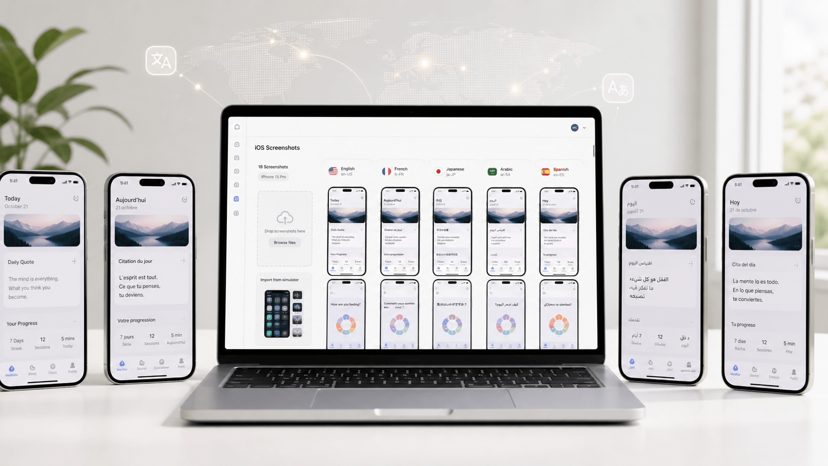 Localized App Store and Google Play screenshot export workflow showing English, German, Japanese, and Portuguese store asset sets.