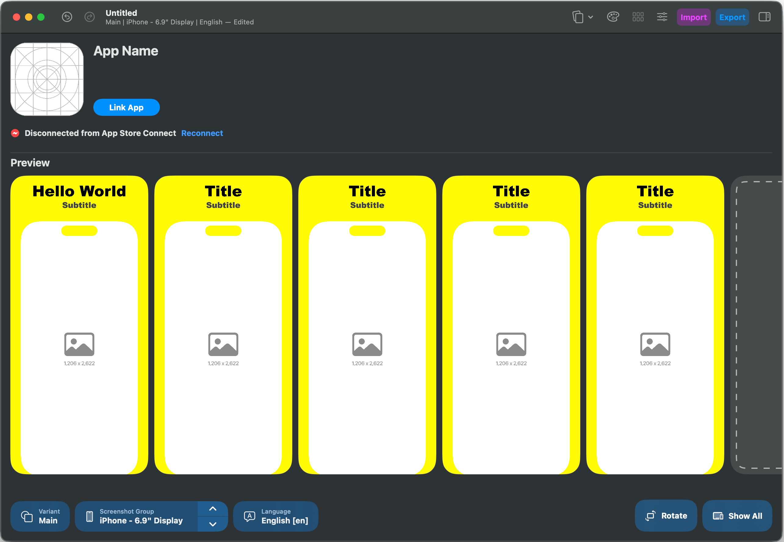 Picasso screenshot editor showing an Apple-only preview, App Store Connect status, import, and export controls
