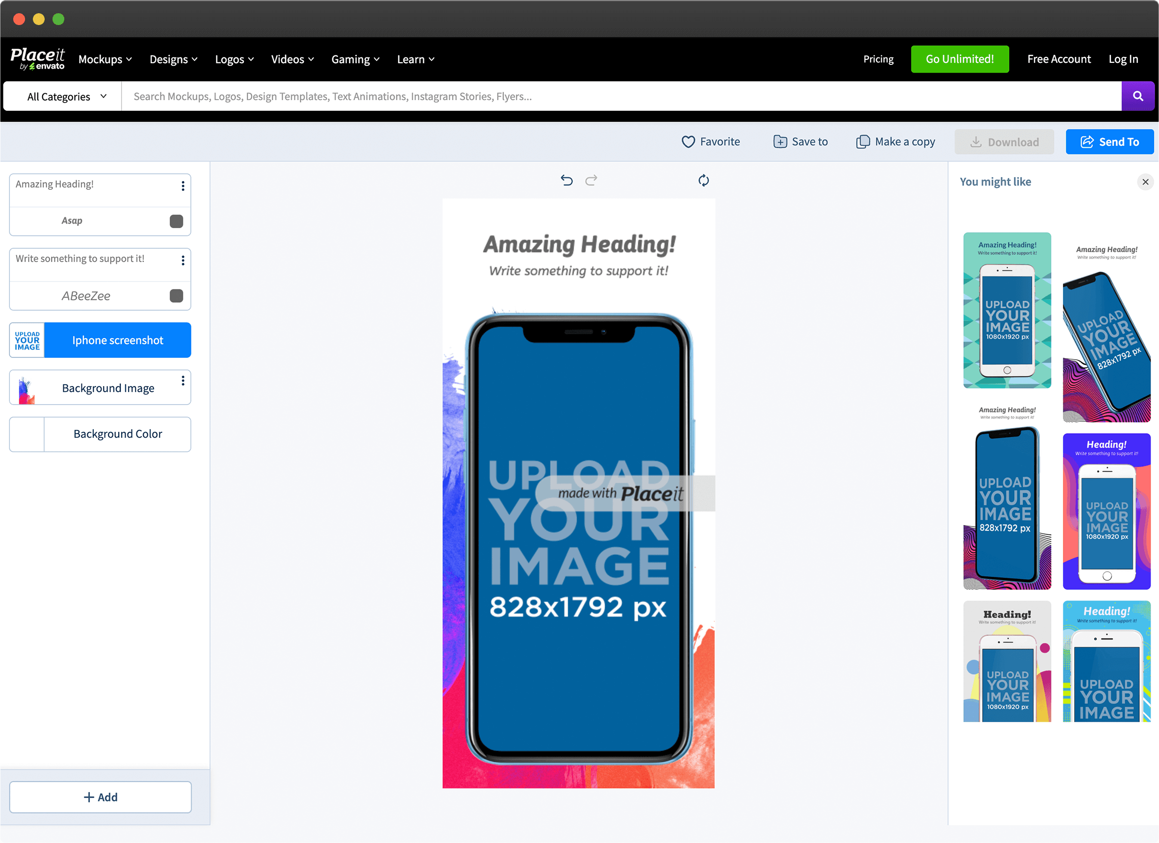 Placeit editor showing a promotional device scene for marketing assets.