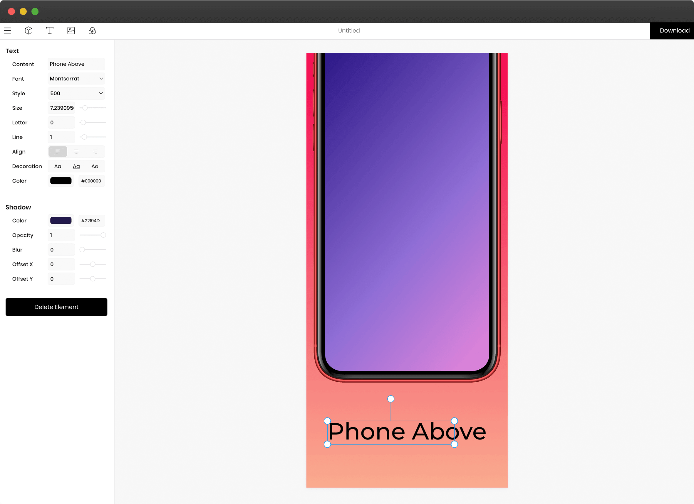 Previewed app mockup editor showing device preview controls for promotional app visuals