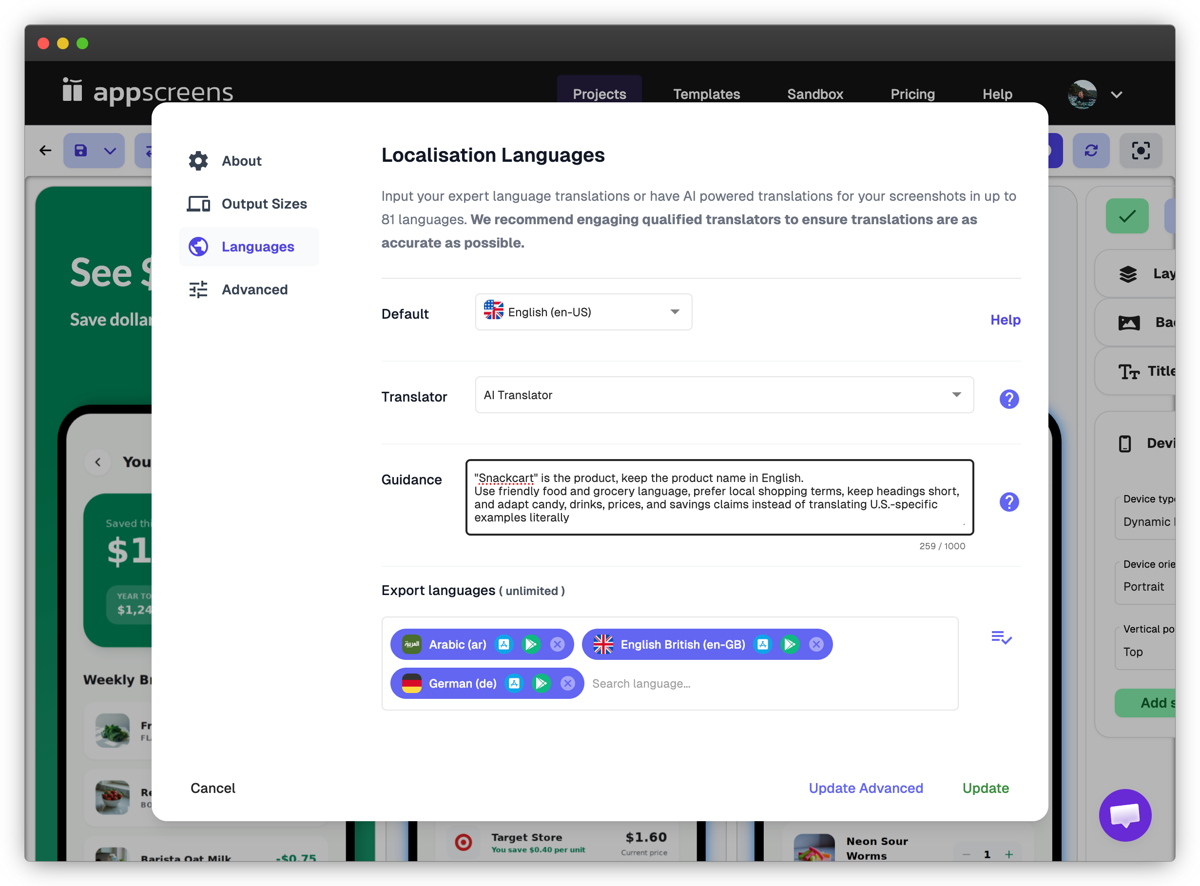 AppScreens localization settings with AI Translator guidance for SnackCart and Arabic, German, and British English export languages.