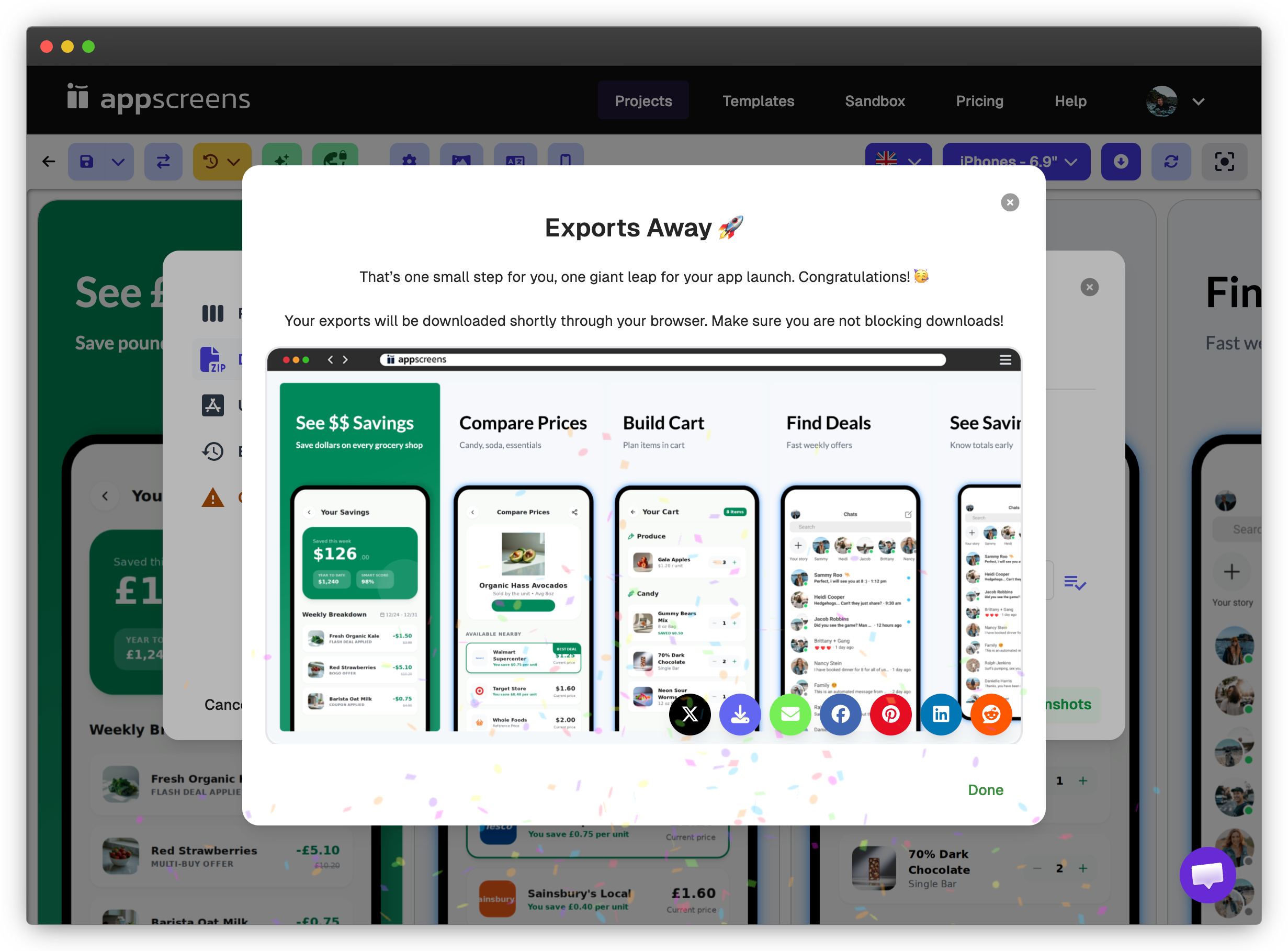 AppScreens export completion modal showing the SnackCart screenshot set after export.