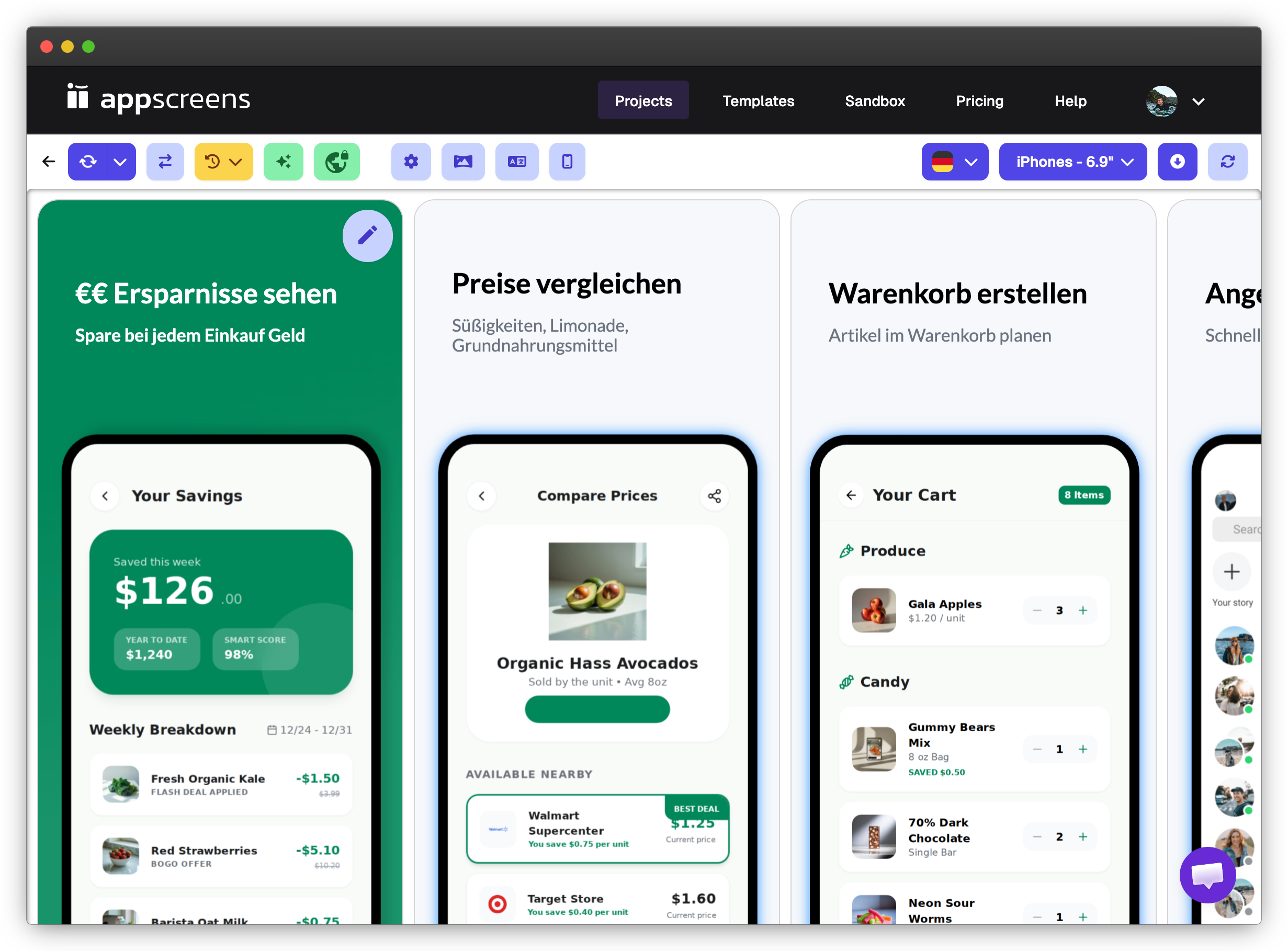 German SnackCart screenshot set in AppScreens with translated headings for savings, price comparison, and cart building.