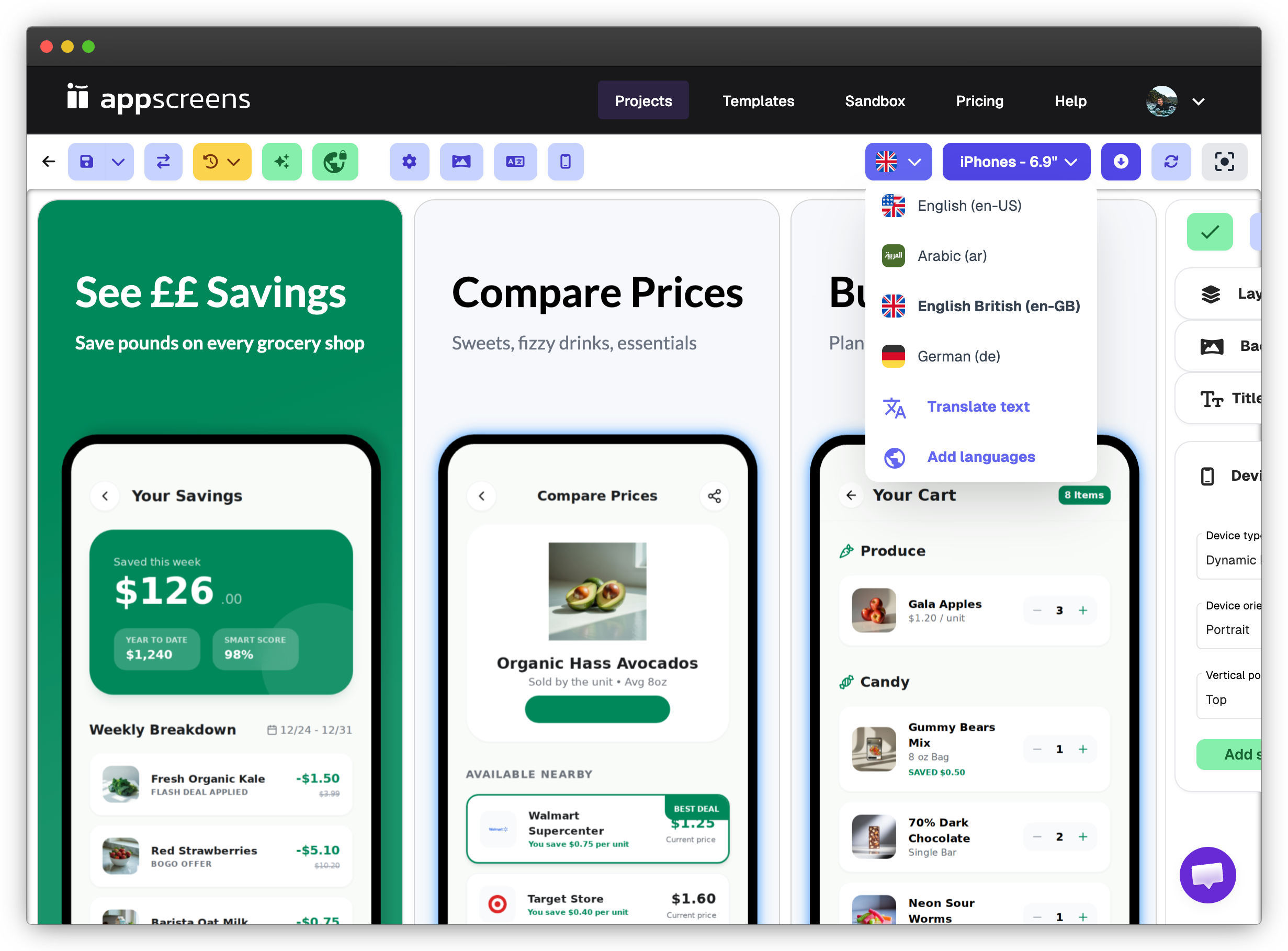 SnackCart screenshots in AppScreens with British English selected and localized copy using pounds, sweets, and fizzy drinks.