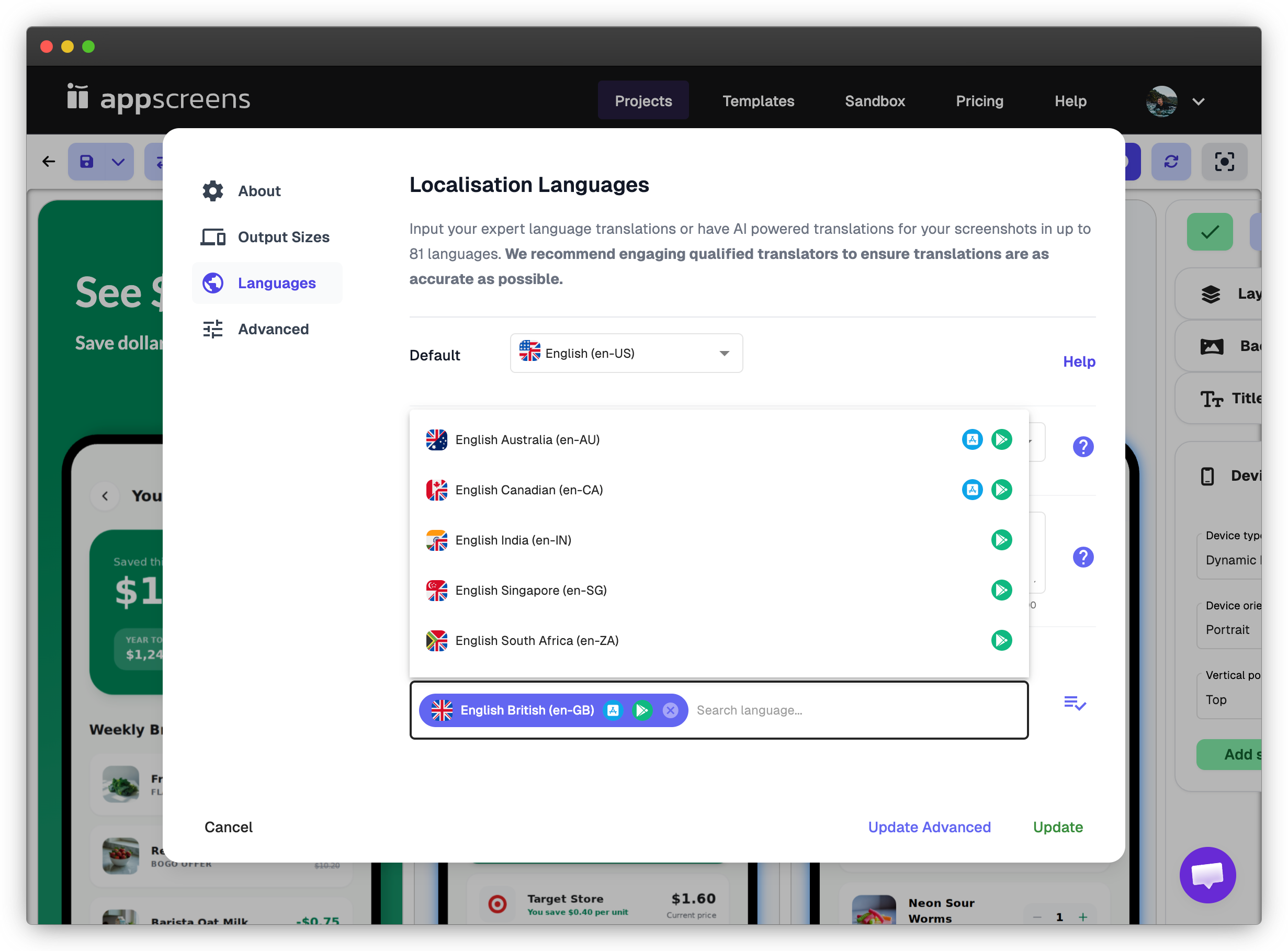 AppScreens localization settings showing English U.S. as the default language and British English selected as an export language.