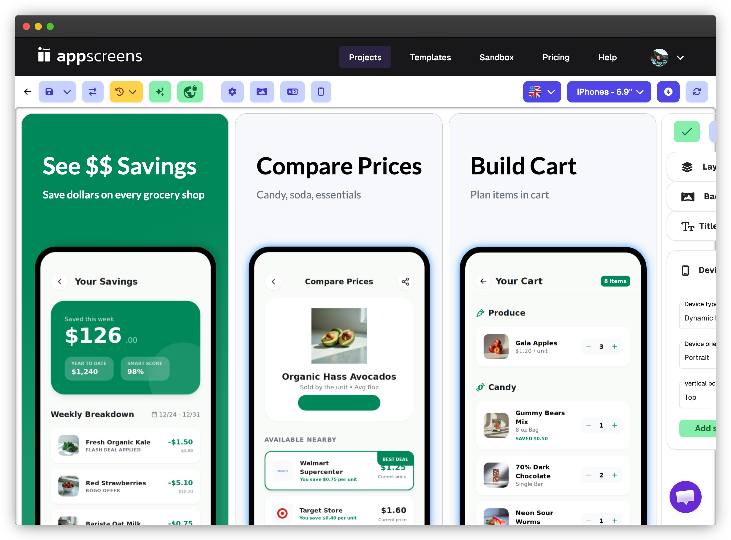AppScreens project canvas showing SnackCart grocery screenshots for savings, price comparison, and cart building.