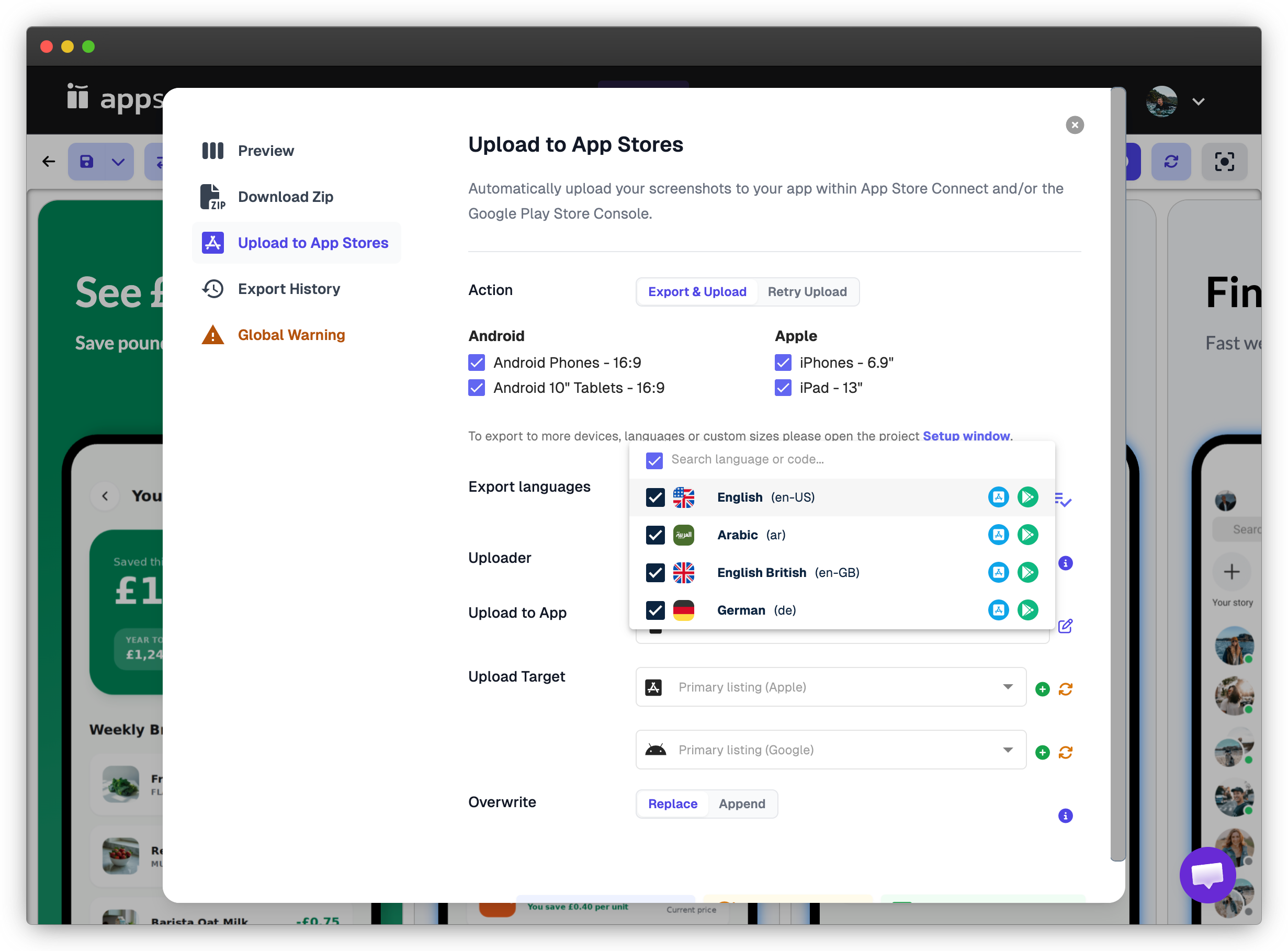 AppScreens Upload to App Stores panel with localized languages and device groups selected for upload.