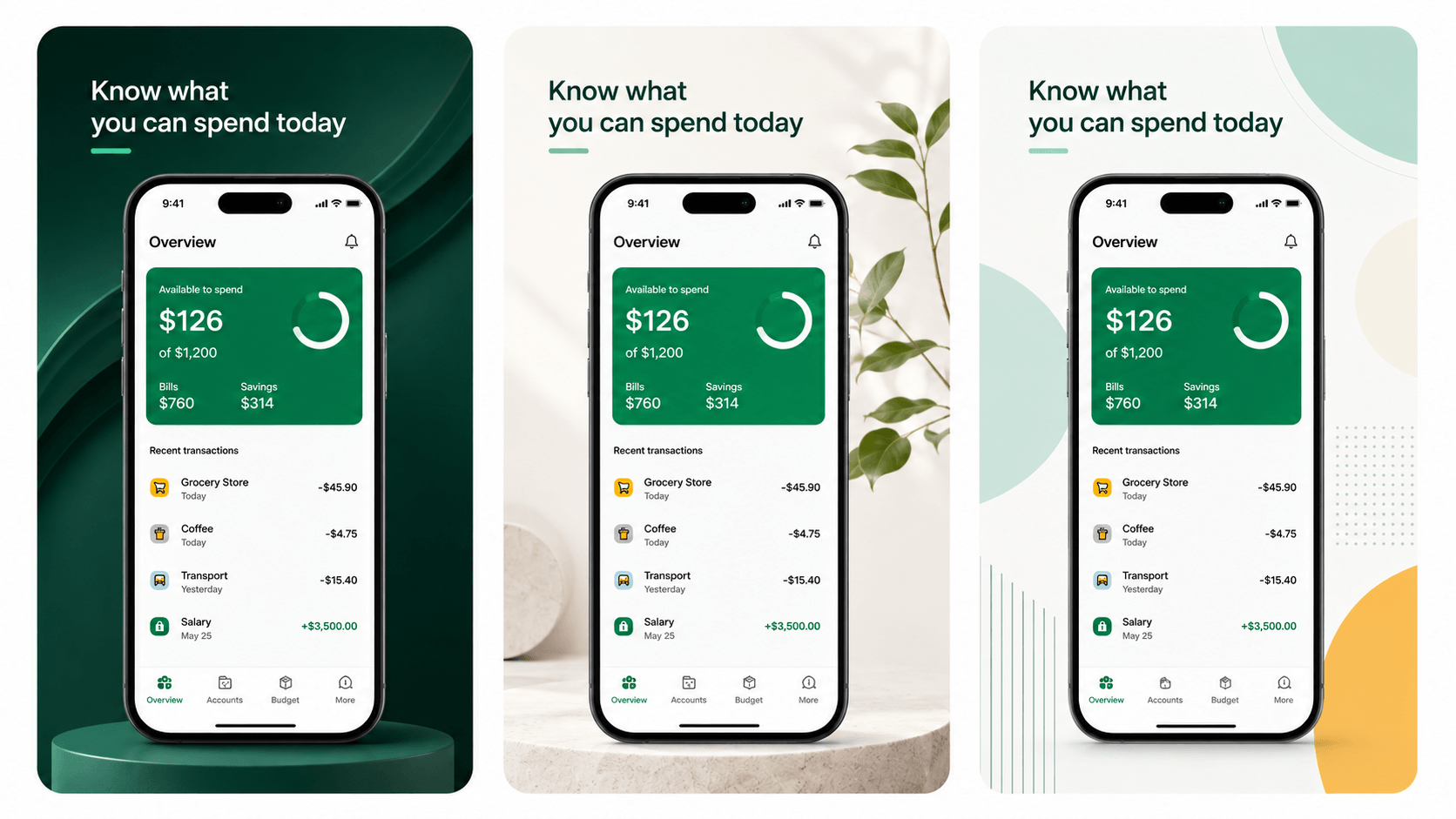 Three App Store screenshot design variants for a budgeting app showing the same app screen and caption in different visual styles.
