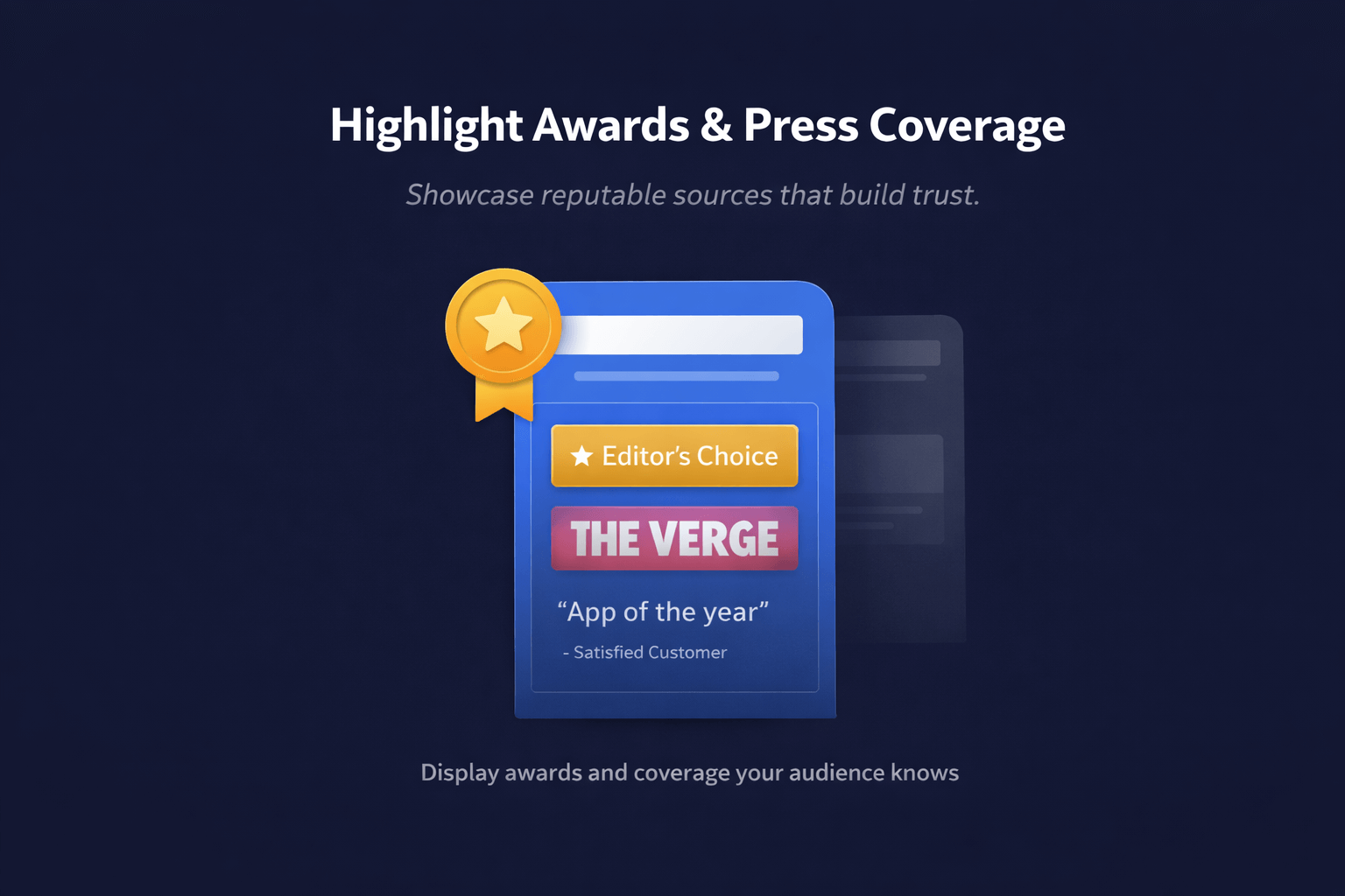 A screenshot mockup showing stacked badges representing awards and press coverage.