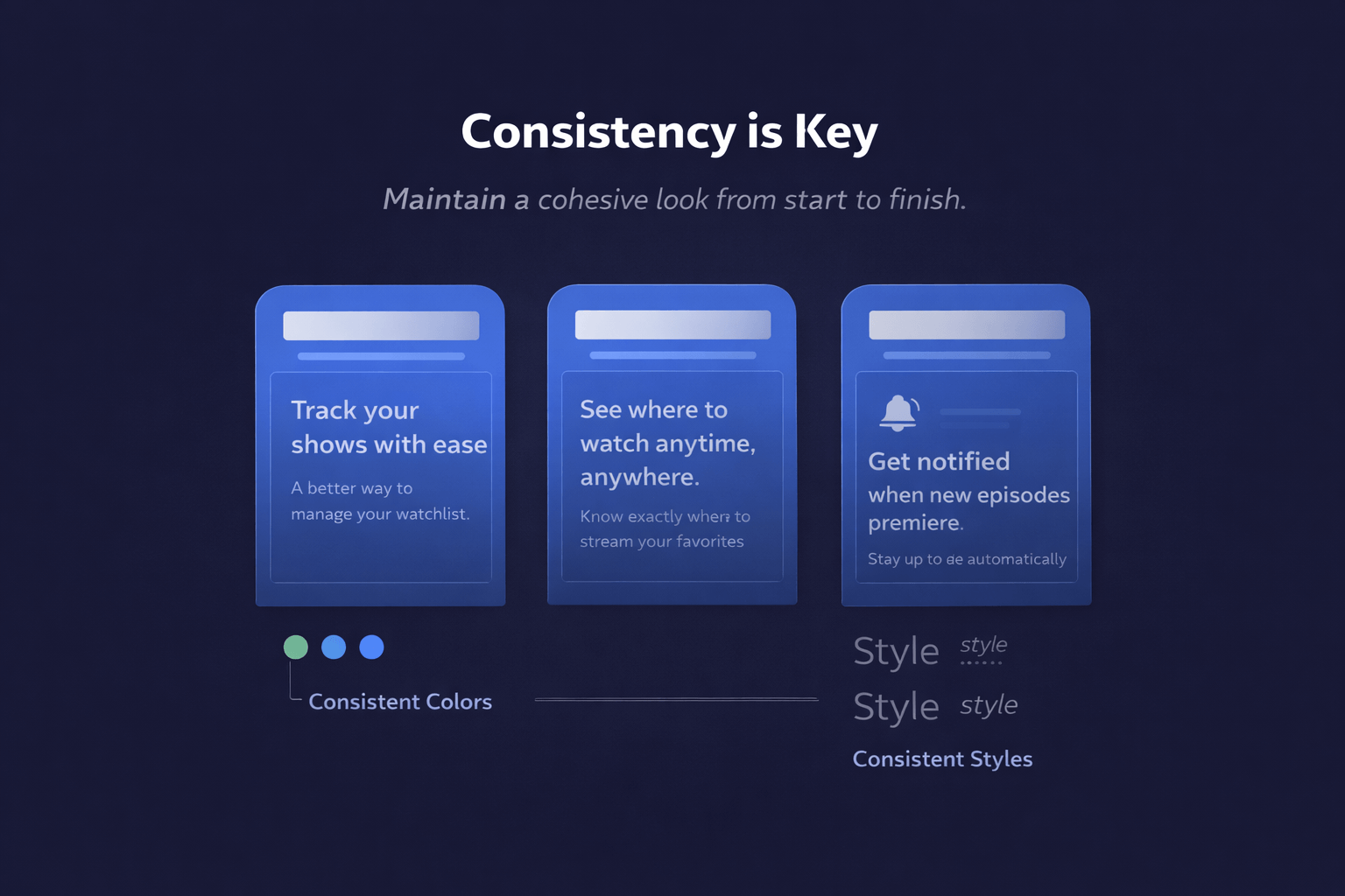 Three screenshot mockups with consistent styles and colors to demonstrate cohesion across a set.