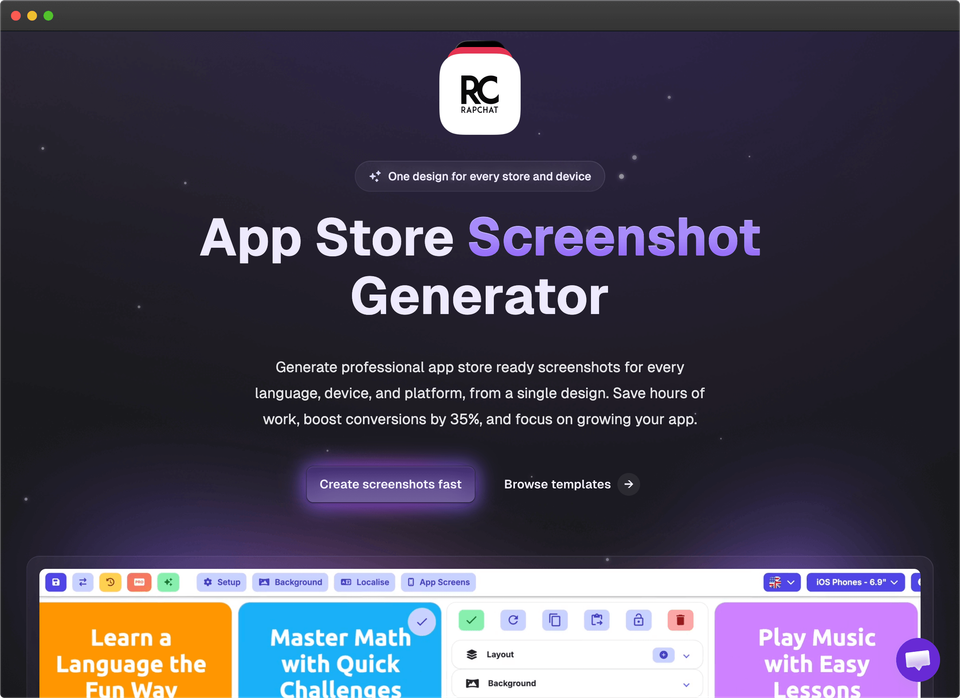 AppScreens screenshot generator interface for creating store-ready app screenshots.