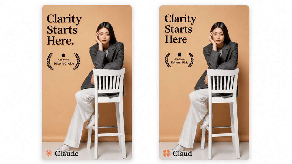 Two AI-generated app store screenshot variants with changed brand text, award copy, and caption line breaks