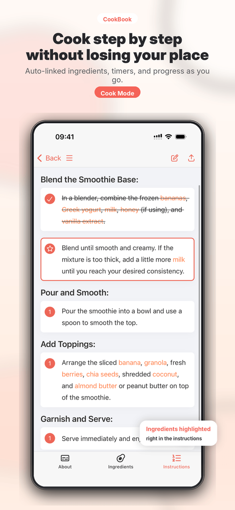 AI-generated app store screenshot concept for a recipe app cook mode with instructions highlighted in a phone mockup.