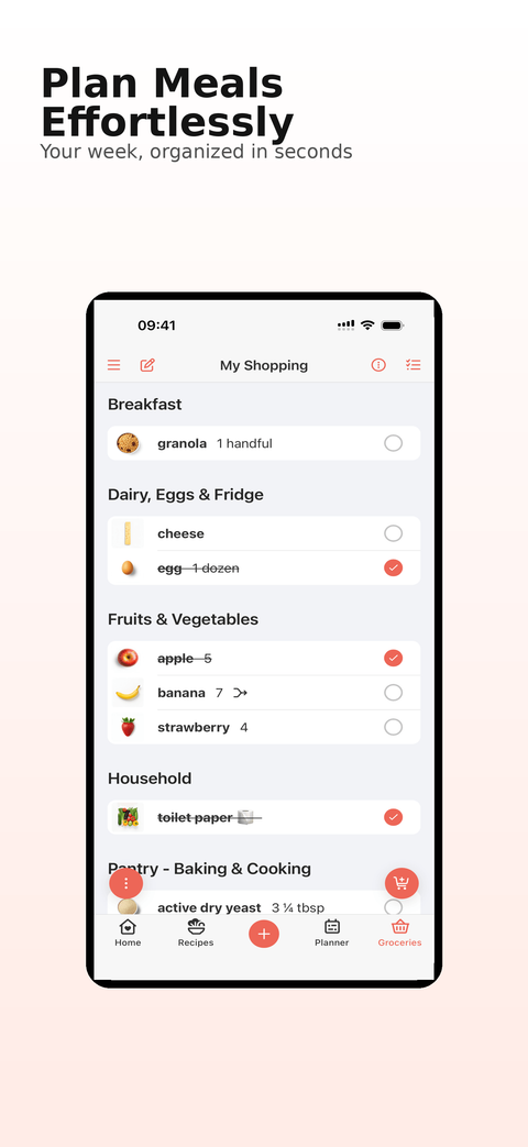 AI-generated app store screenshot concept for meal planning with a grocery list inside a phone mockup.