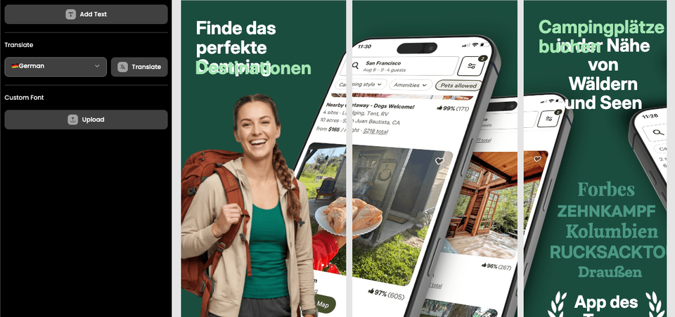 AppLaunchpad translate workflow showing German screenshot text overlapping the existing layout