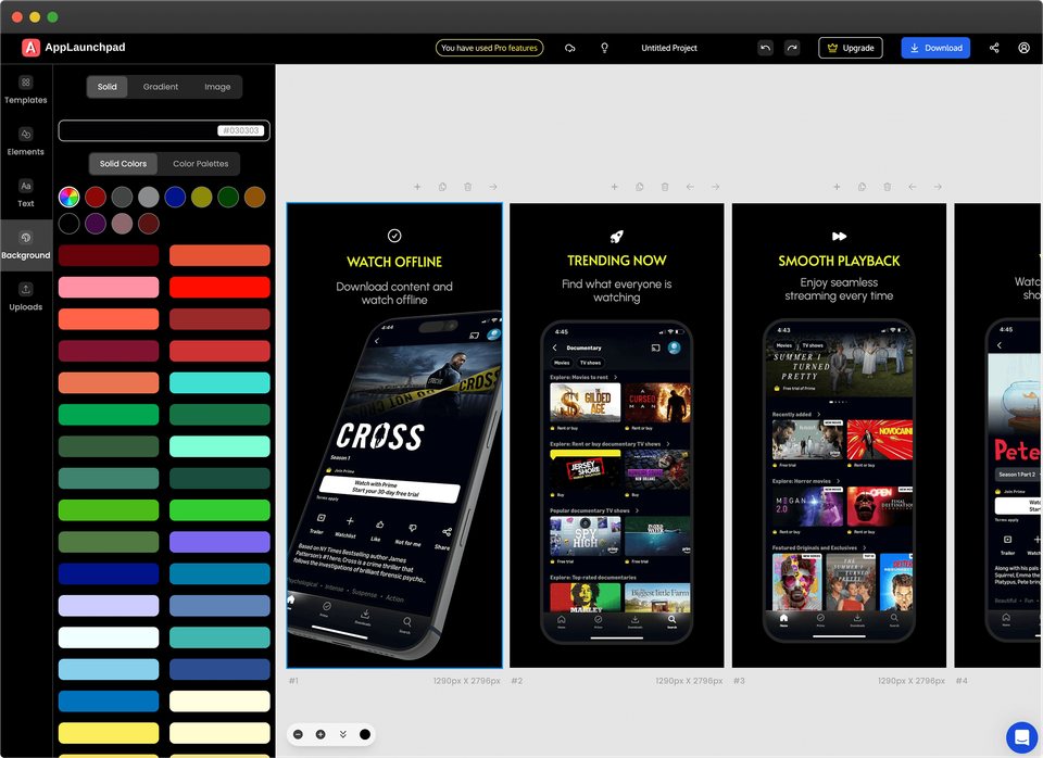 AppLaunchpad screenshot builder showing template-based app store screenshot editing controls