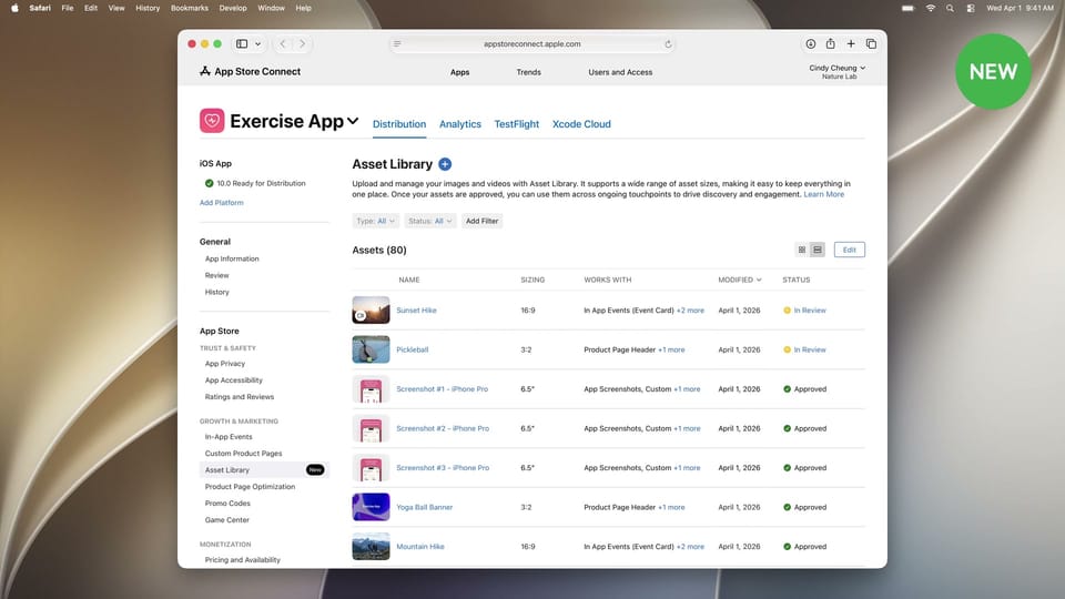 Apple WWDC26 demonstration of Asset Library in App Store Connect, listing creative assets, screenshots, aspect ratios, placements, and review statuses.