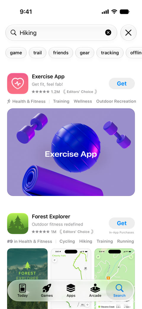 Apple App Store search result example showing an Exercise App Creative Asset above the standard screenshots for another app.