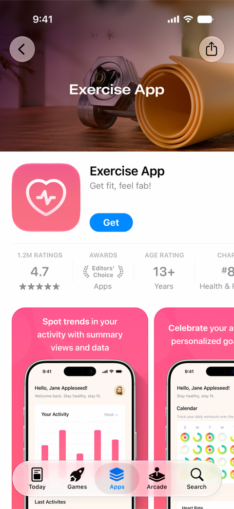 Apple App Store product page example showing a large Exercise App Creative Asset header above the app icon and screenshots.