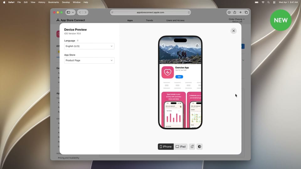 Apple WWDC26 demonstration of the new App Store Connect Device Preview showing an iPhone product page with a header Creative Asset.