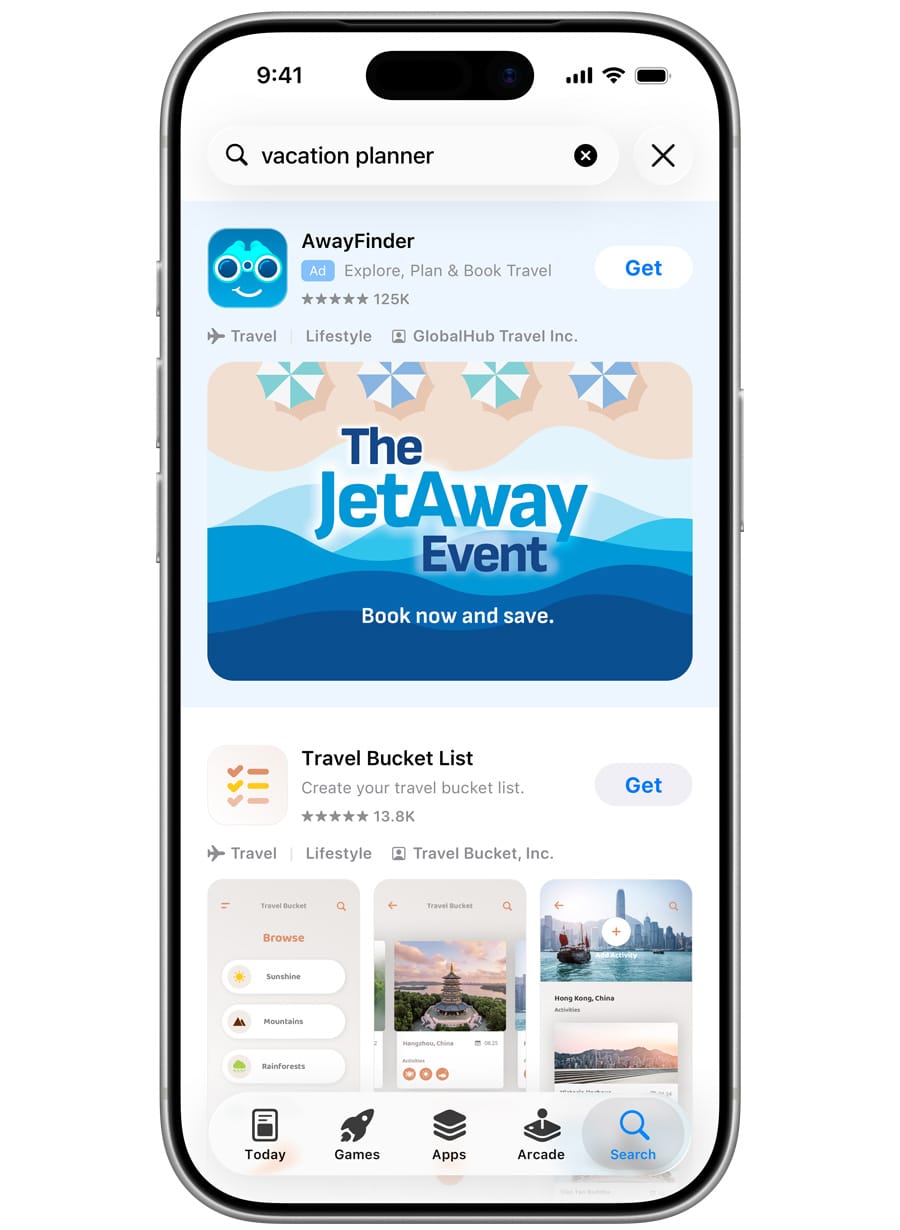 Apple Ads example showing a custom Creative Asset for AwayFinder in an App Store search results advertisement.