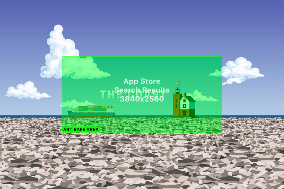 Apple Search results Creative Asset template showing the 3840 by 2560 pixel 3:2 canvas and centered artwork safe area.