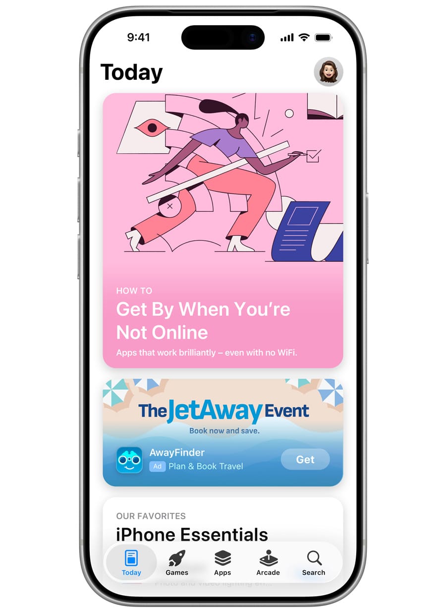Apple Ads example showing a custom Creative Asset for AwayFinder in an App Store Today tab advertisement.