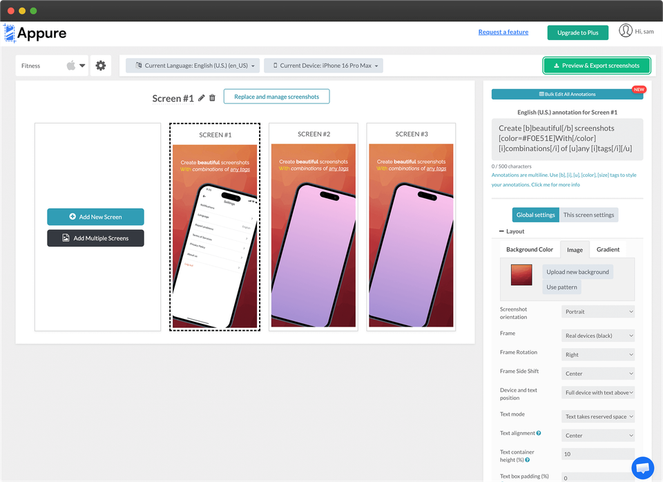 Appure screenshot editor showing localized app store screenshot controls and export settings.