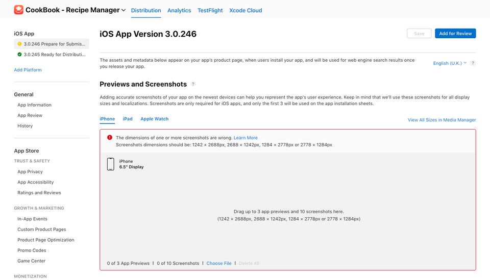 App Store Connect error saying the dimensions of one or more screenshots are wrong for the 6.5 inch display upload area