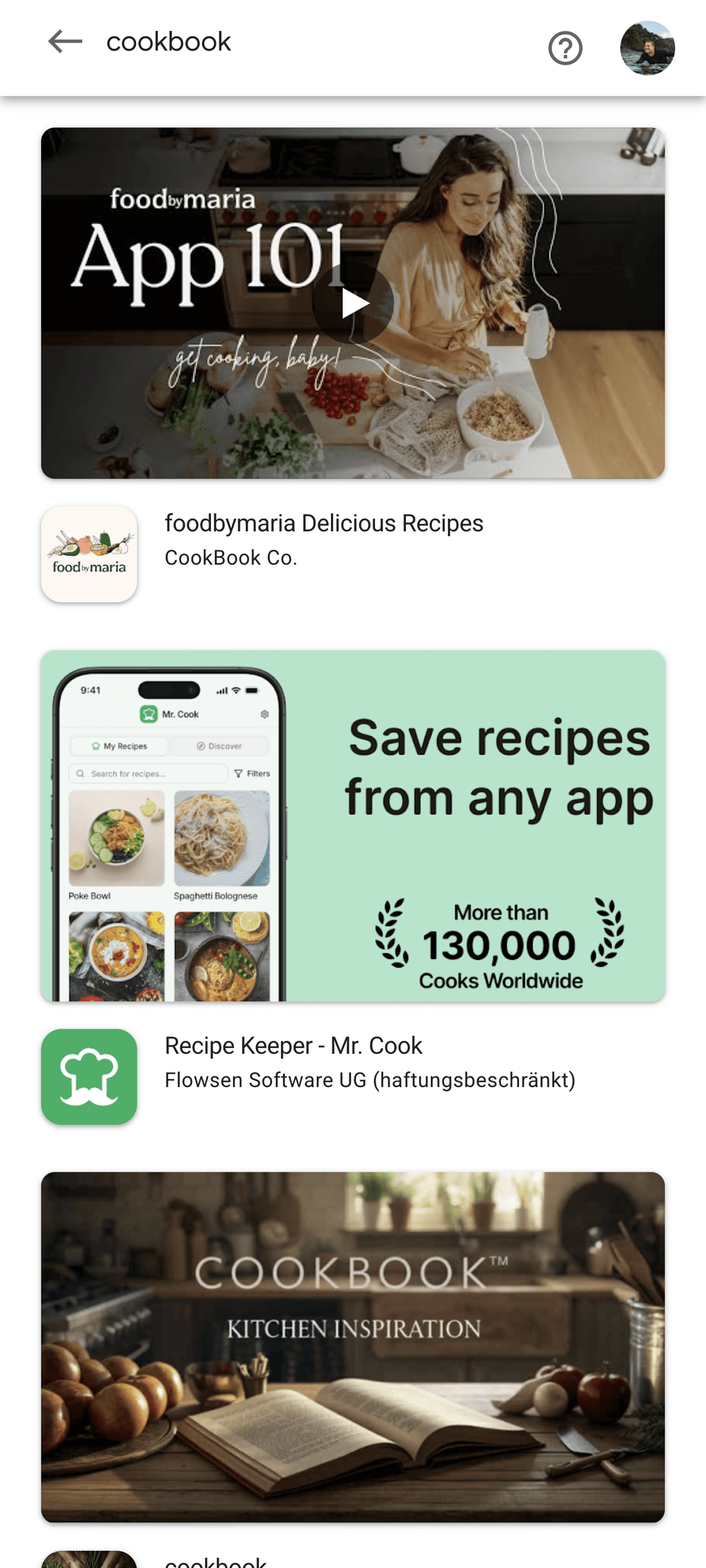Google Play feature graphic used as a preview video cover in a cookbook app listing.
