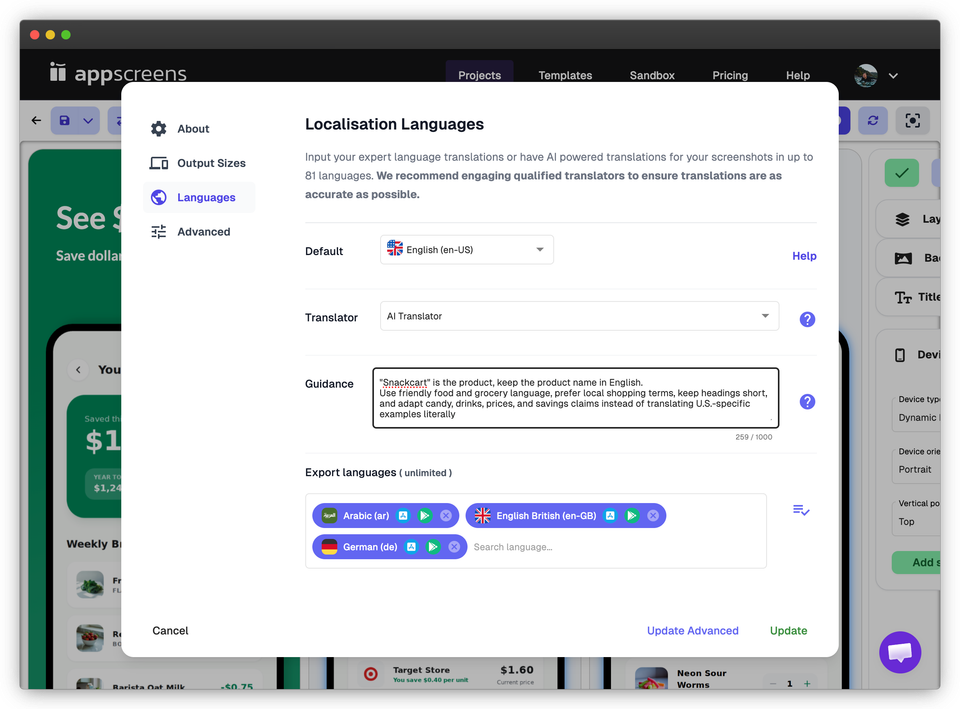 AppScreens localization settings with AI Translator guidance for SnackCart and Arabic, German, and British English export languages.