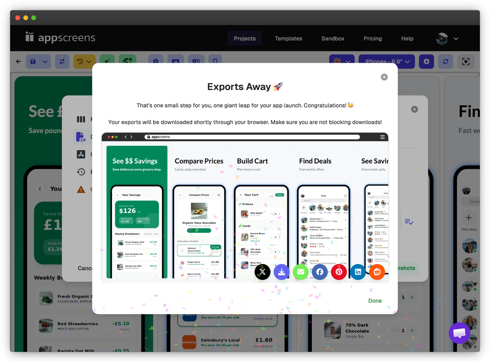 AppScreens export completion modal showing the SnackCart screenshot set after export.