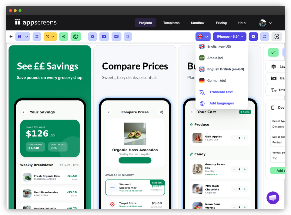 SnackCart screenshots in AppScreens with British English selected and localized copy using pounds, sweets, and fizzy drinks.
