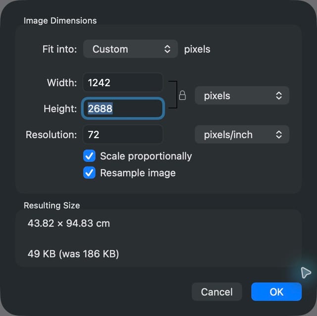 Mac Preview Image Dimensions dialog with pixels selected and Scale proportionally and Resample image checked.